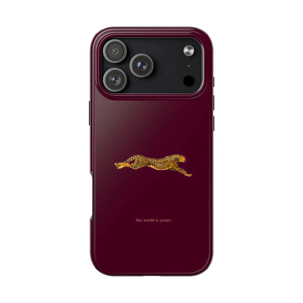 Cheetah "The World Is Yours" Phone Case | Burgundy Tough Phone Case, Elegant, Dark Feminine Suitable for Iphone 17-11 Pro Max/Plus and Samsung Galaxy S23-25