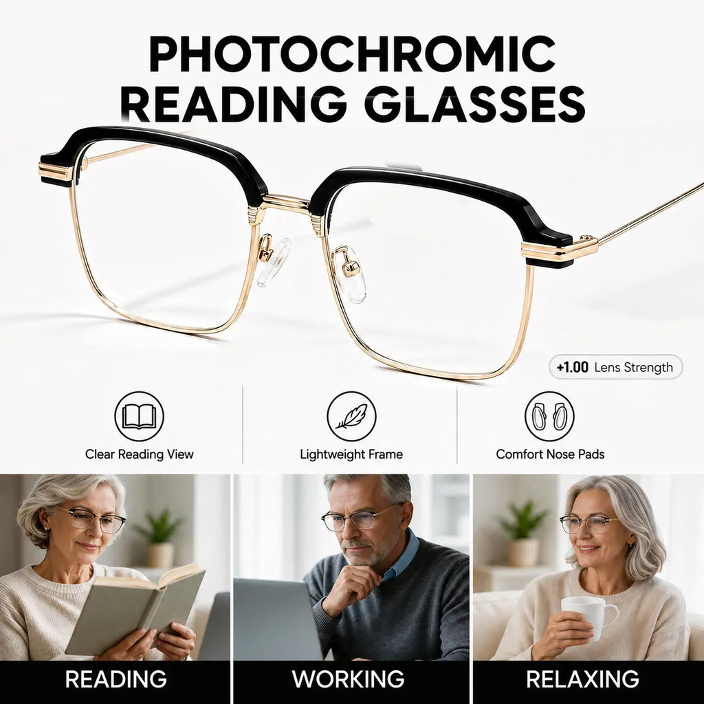 Photochromic Reading Glasses +1.00, anti Blue Light Readers with UV Protection, Black Gold Lightweight Eyeglasses for Men Women, Work Travel Everyday Wear, Summervibes