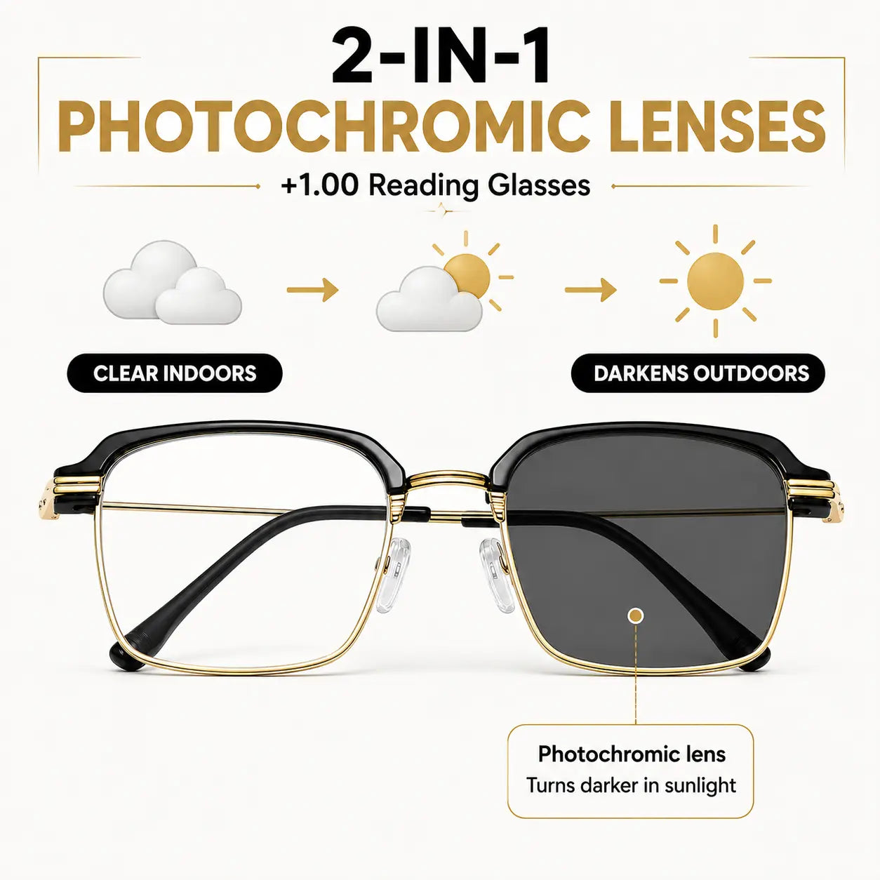 Photochromic Reading Glasses +1.00, anti Blue Light Readers with UV Protection, Black Gold Lightweight Eyeglasses for Men Women, Work Travel Everyday Wear, Summervibes