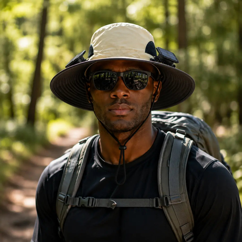 2026 Outdoor Wide Brim Cooling Hat with Dual Fans, UPF 50+ Sun Protection, Waterproof Breathable Rechargeable Hat for Fishing, Camping, Gardening & Outdoor Sports, Long-Lasting Summer Cooling Gift, Perfect Father’S Day Gift for Dad & Husband