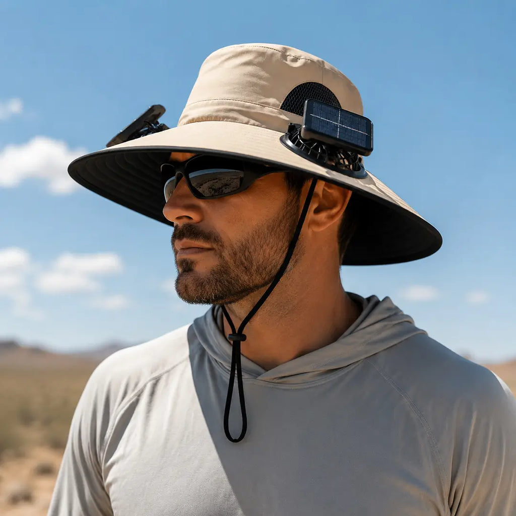 2026 Outdoor Wide Brim Cooling Hat with Dual Fans, UPF 50+ Sun Protection, Waterproof Breathable Rechargeable Hat for Fishing, Camping, Gardening & Outdoor Sports, Long-Lasting Summer Cooling Gift, Perfect Father’S Day Gift for Dad & Husband