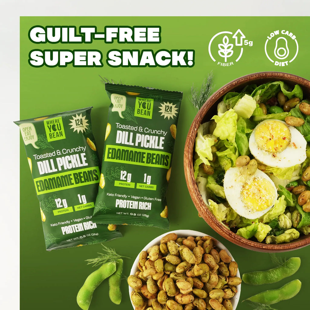 Where You Bean Dill Pickle Crunchy Roasted Edamame Beans – 12G Protein, Low Carb, Keto Friendly Vegan Snack & High Fiber - Made with Olive Oil (8-Pack)