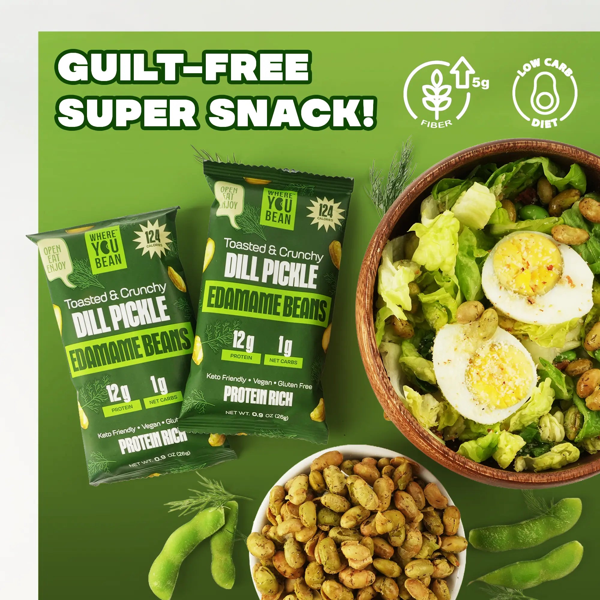 Where You Bean Dill Pickle Crunchy Roasted Edamame Beans – 12G Protein, Low Carb, Keto Friendly Vegan Snack & High Fiber - Made with Olive Oil (8-Pack)