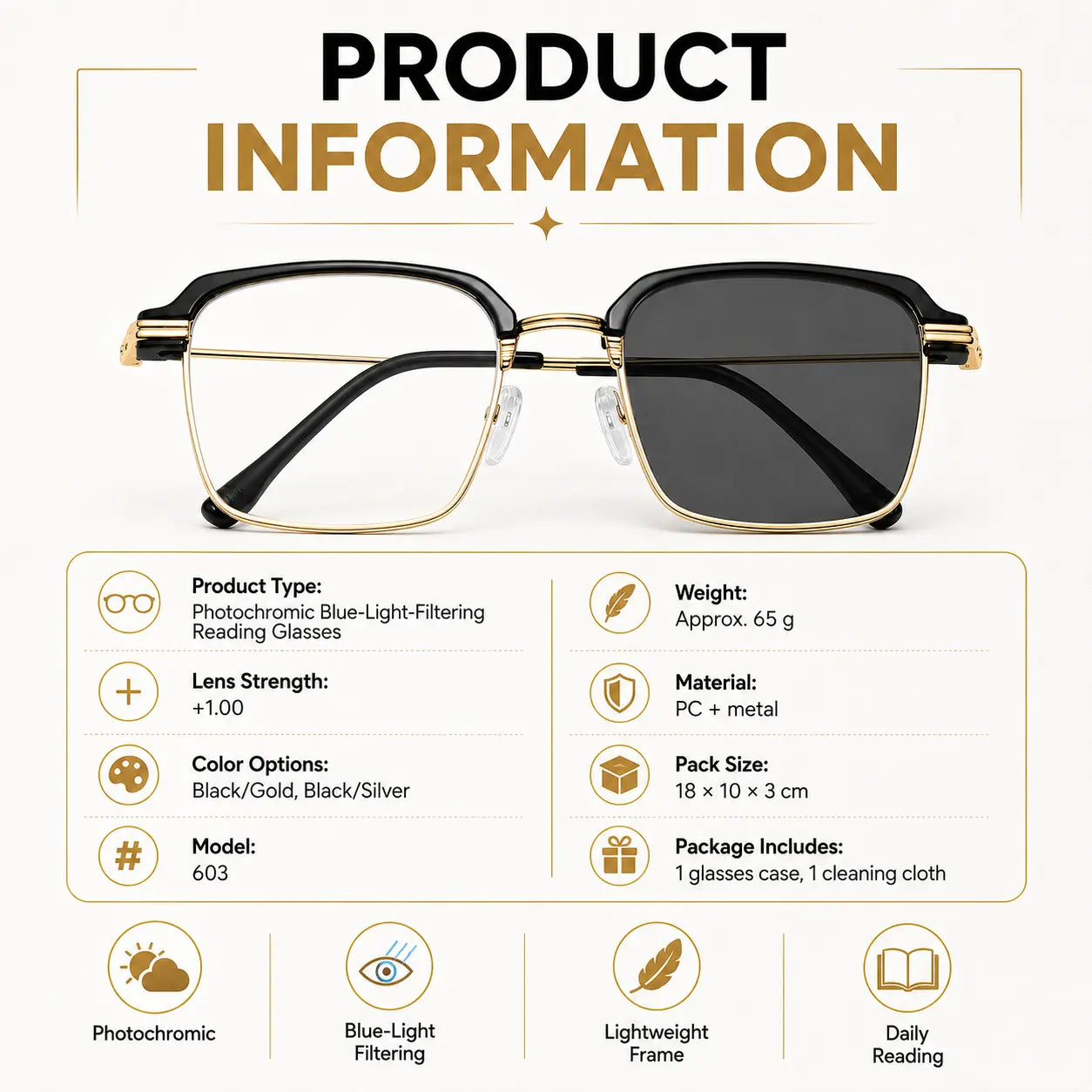 Photochromic Reading Glasses +1.00, anti Blue Light Readers with UV Protection, Black Gold Lightweight Eyeglasses for Men Women, Work Travel Everyday Wear, Summervibes