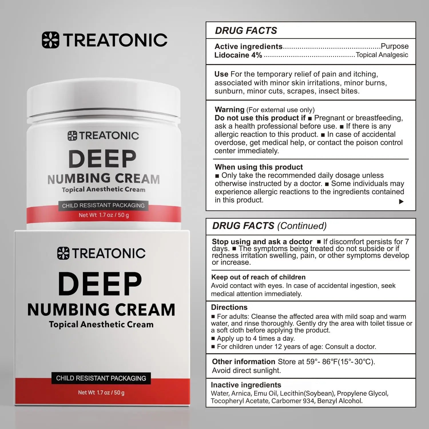 Treatonic Maximum Strength Numbing Cream: Numbing Cream for Discomfort, Burn, Itch & Pain Relief - Fast-Acting, Soothing Topical Anesthetic with Menthol & Emu Oil for Hemorrhoid Treatment – 1.7Oz