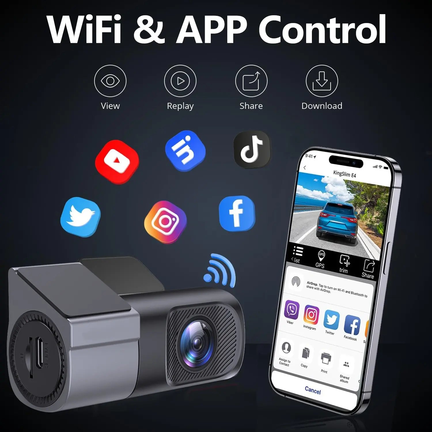 Ultra Slim 1080P FHD Dashcam Wired (Requires Connection to the Car) for Cars Car Driving Recorder with Wi-Fi App Control 24-Hour Parking Mode Loop Recording G Sensor 145-Degree Wide Angle HDR 128GB Support Compact Mini for Trucks Safety Camera Accessories