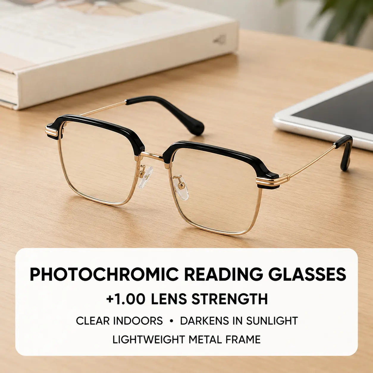 Photochromic Reading Glasses +1.00, anti Blue Light Readers with UV Protection, Black Gold Lightweight Eyeglasses for Men Women, Work Travel Everyday Wear, Summervibes