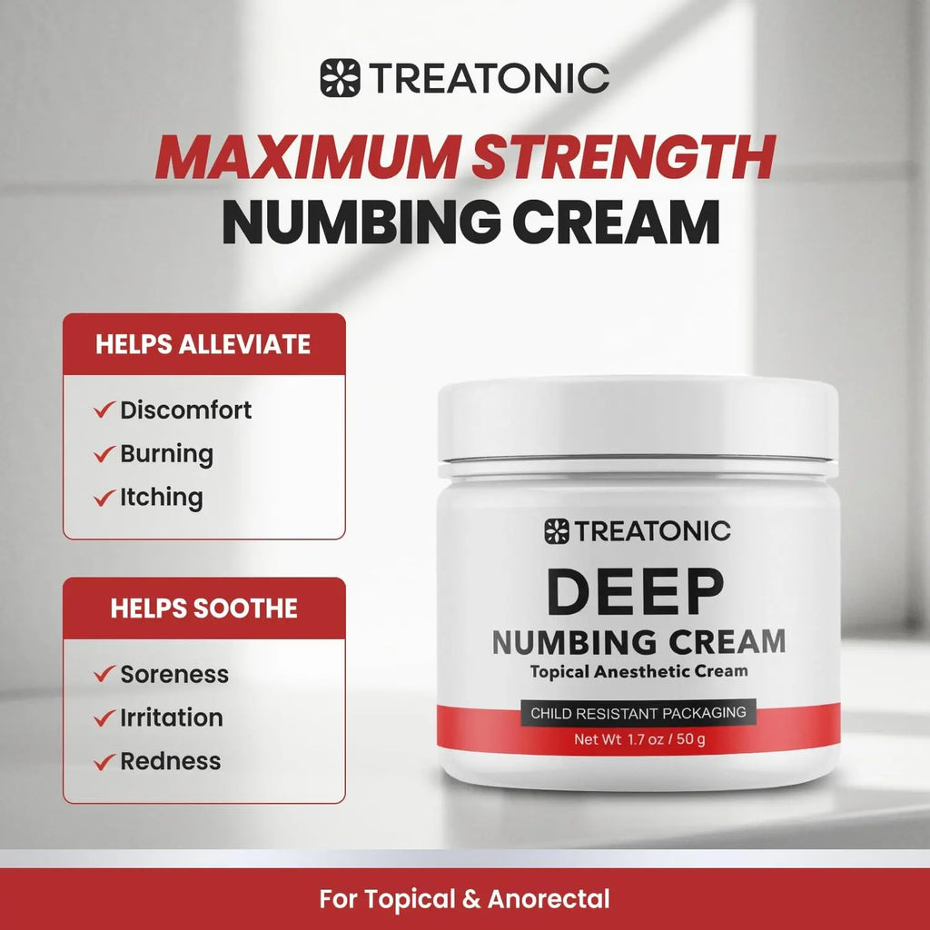Treatonic Maximum Strength Numbing Cream: Numbing Cream for Discomfort, Burn, Itch & Pain Relief - Fast-Acting, Soothing Topical Anesthetic with Menthol & Emu Oil for Hemorrhoid Treatment – 1.7Oz