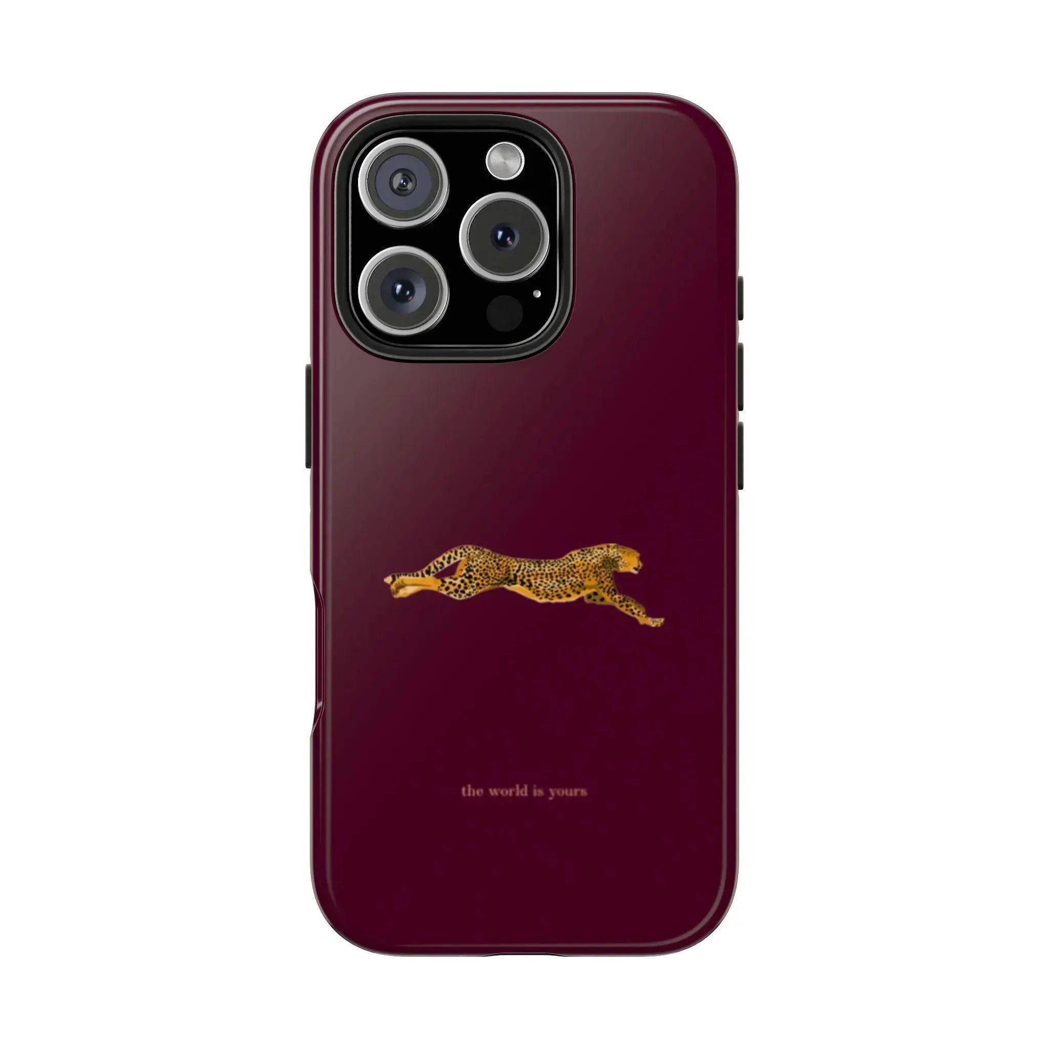 Cheetah "The World Is Yours" Phone Case | Burgundy Tough Phone Case, Elegant, Dark Feminine Suitable for Iphone 17-11 Pro Max/Plus and Samsung Galaxy S23-25