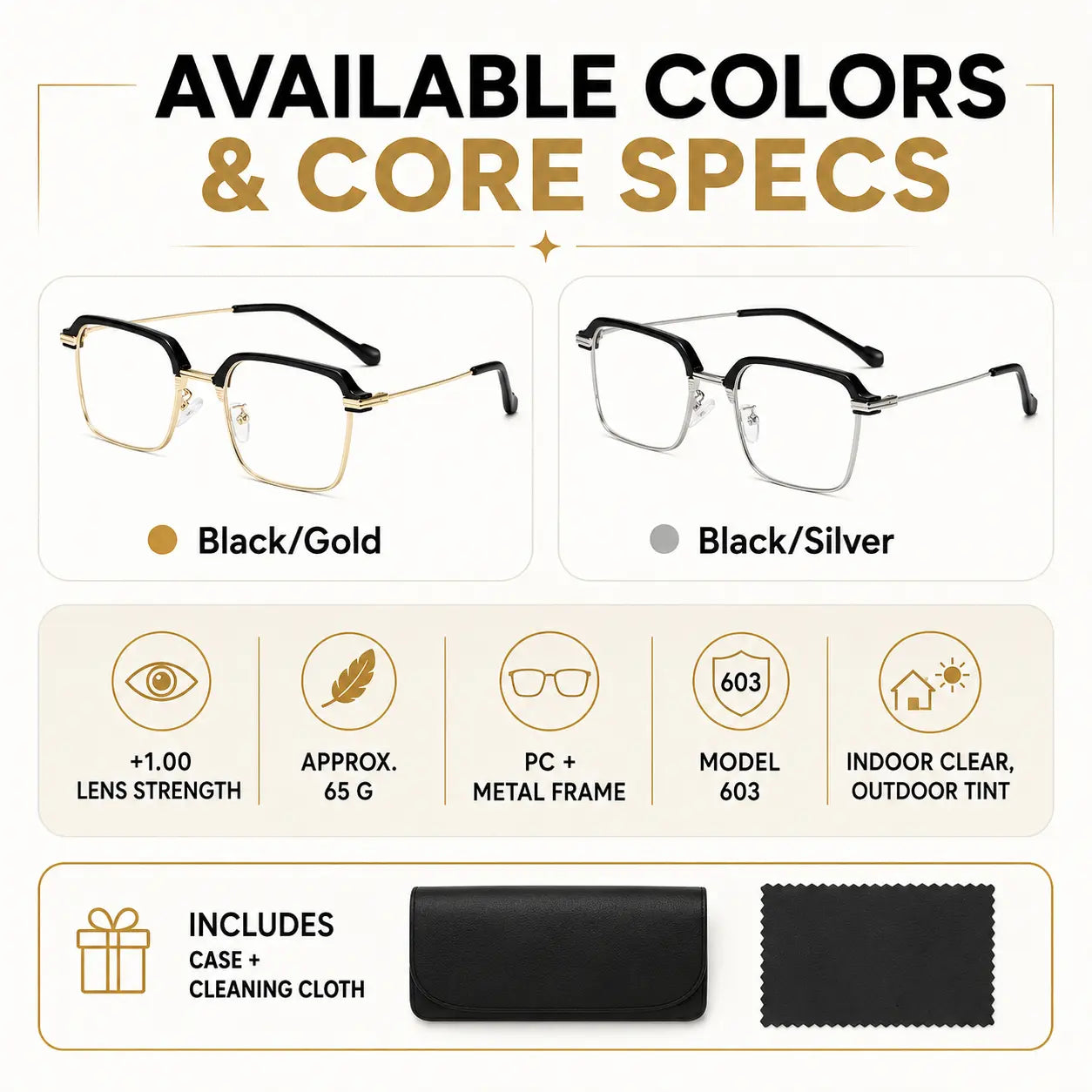 Photochromic Reading Glasses +1.00, anti Blue Light Readers with UV Protection, Black Gold Lightweight Eyeglasses for Men Women, Work Travel Everyday Wear, Summervibes