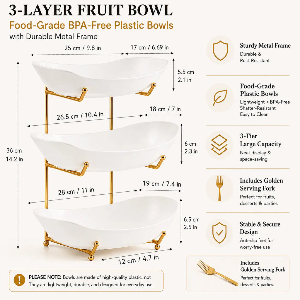 3-Tier Fruit Bowl Set with Metal Stand – Made of Shatter-Resistant & Lightweight Plastic Material, Large Capacity Countertop Fruit Basket for Fruits, Snacks & Nuts