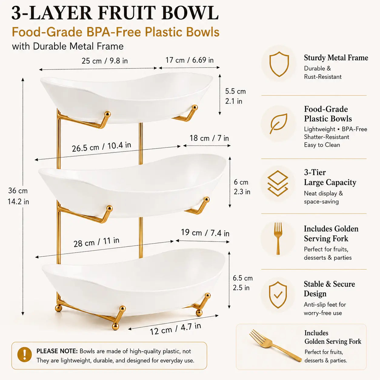 3-Tier Fruit Bowl Set with Metal Stand – Made of Shatter-Resistant & Lightweight Plastic Material, Large Capacity Countertop Fruit Basket for Fruits, Snacks & Nuts