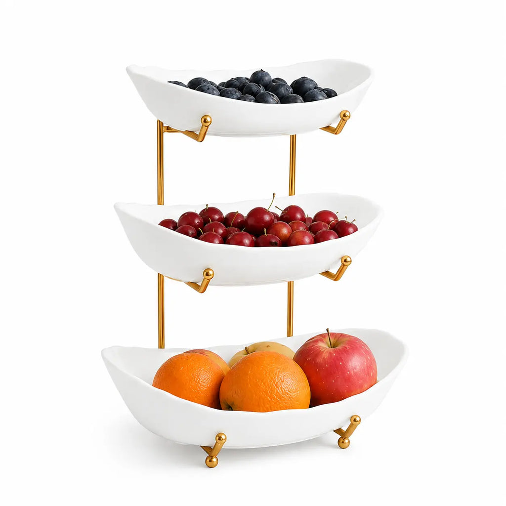 3-Tier Fruit Bowl Set with Metal Stand – Made of Shatter-Resistant & Lightweight Plastic Material, Large Capacity Countertop Fruit Basket for Fruits, Snacks & Nuts