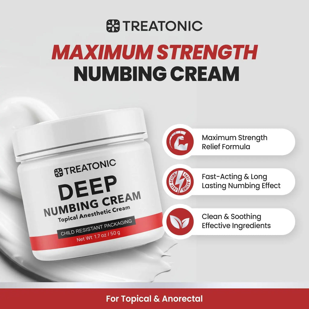 Treatonic Maximum Strength Numbing Cream: Numbing Cream for Discomfort, Burn, Itch & Pain Relief - Fast-Acting, Soothing Topical Anesthetic with Menthol & Emu Oil for Hemorrhoid Treatment – 1.7Oz