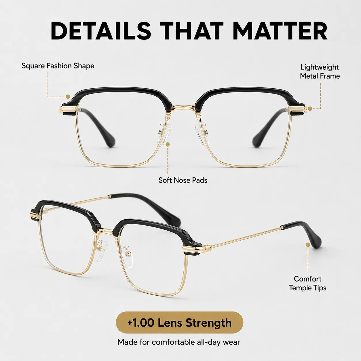 Photochromic Reading Glasses +1.00, anti Blue Light Readers with UV Protection, Black Gold Lightweight Eyeglasses for Men Women, Work Travel Everyday Wear, Summervibes