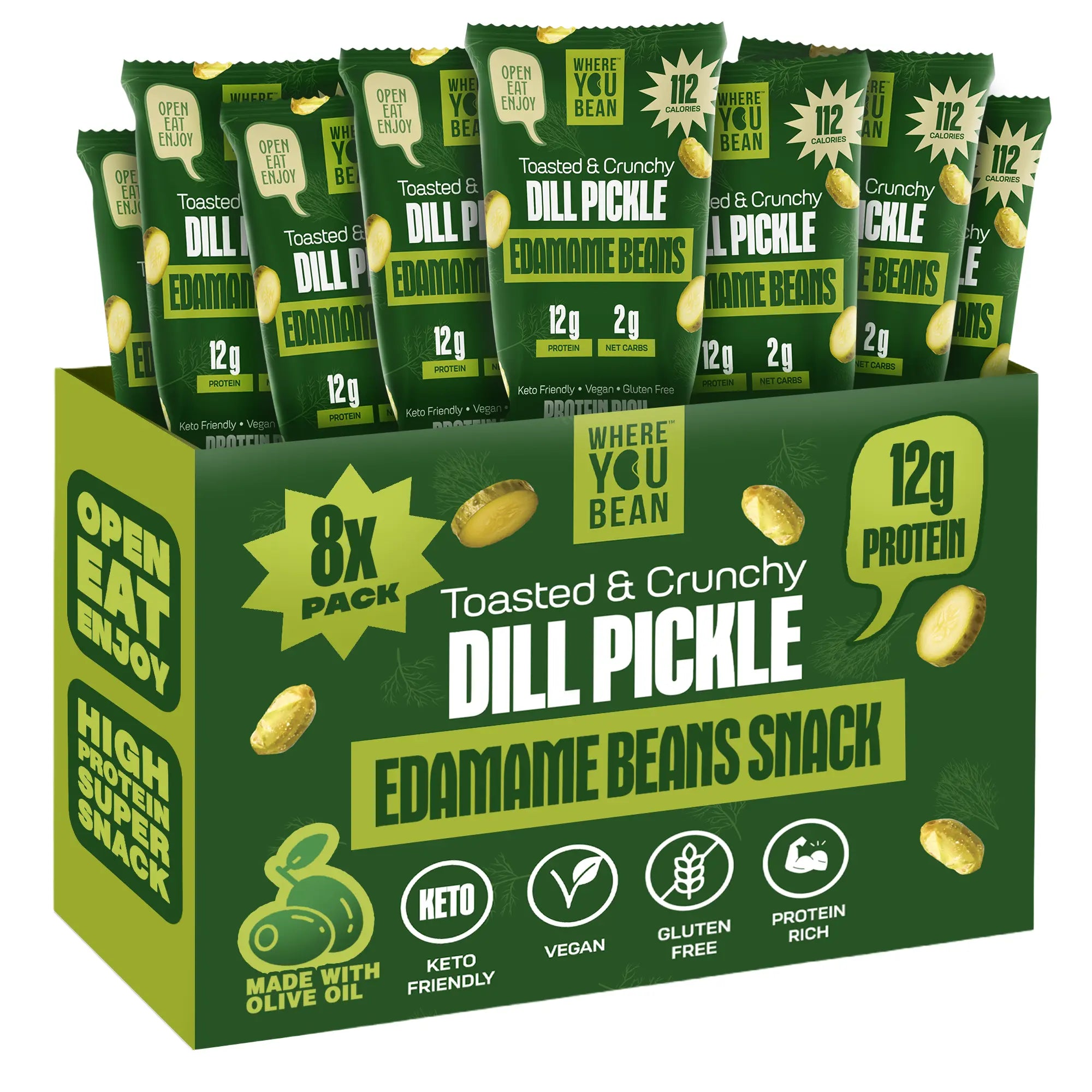 Where You Bean Dill Pickle Crunchy Roasted Edamame Beans – 12G Protein, Low Carb, Keto Friendly Vegan Snack & High Fiber - Made with Olive Oil (8-Pack)